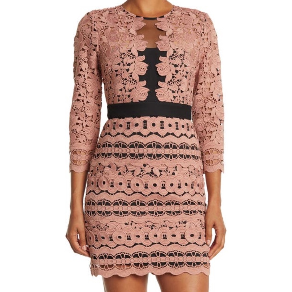 Reiss Pink and Black Lenny Mixed Lace Dress